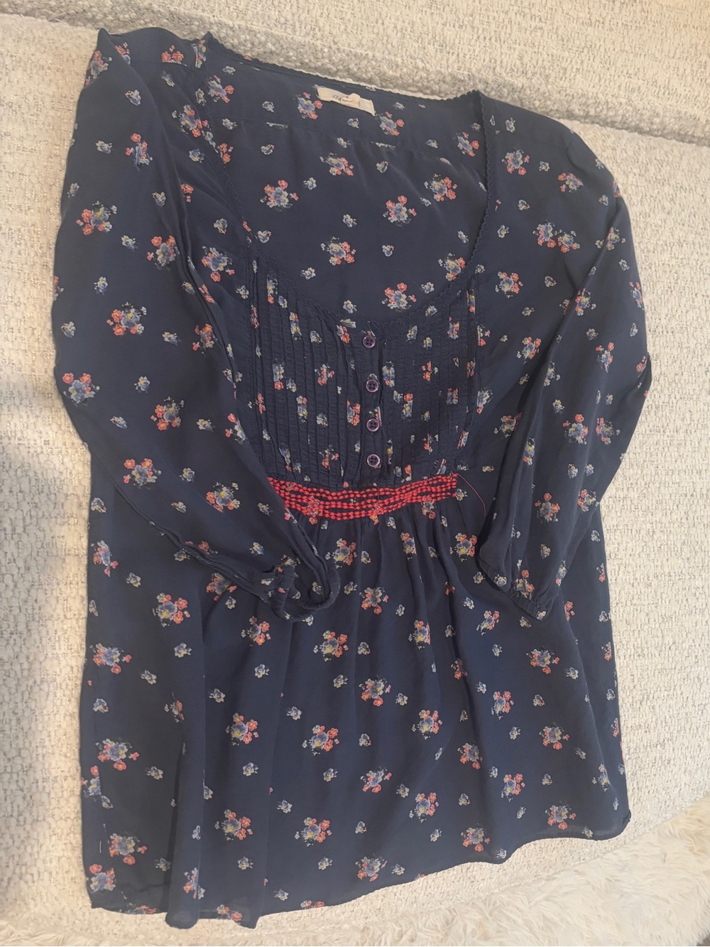 aerie Navy Floral Peasant Tunic with Red Accent - Picture 1 of 5